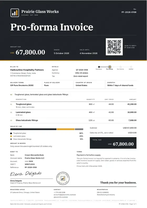 Invoices, Glass and glassware manufacturing: finished specimen shown whole