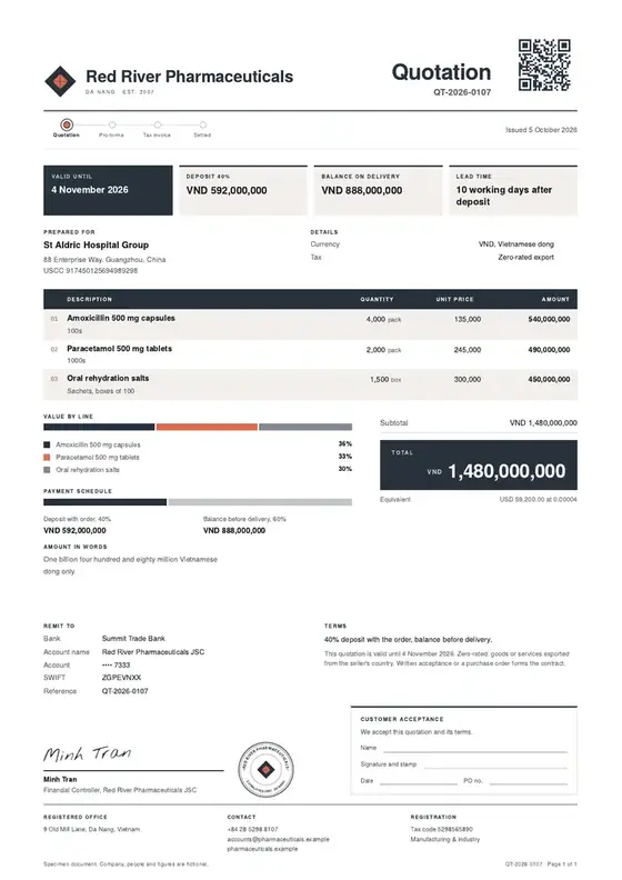 Invoices, Pharmaceutical manufacturing: finished specimen shown whole