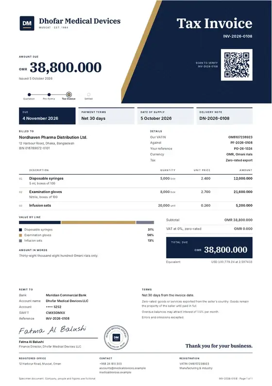 Invoices, Medical devices manufacturing: finished specimen shown whole