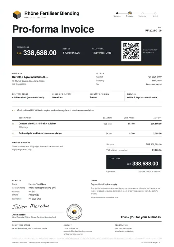 Invoices, Fertiliser blending plant: finished specimen shown whole