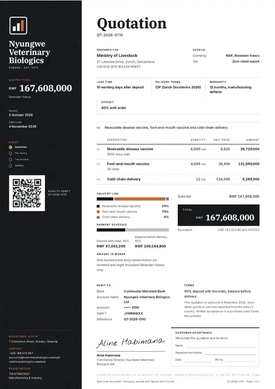 Invoices, Animal vaccine production: finished specimen shown whole