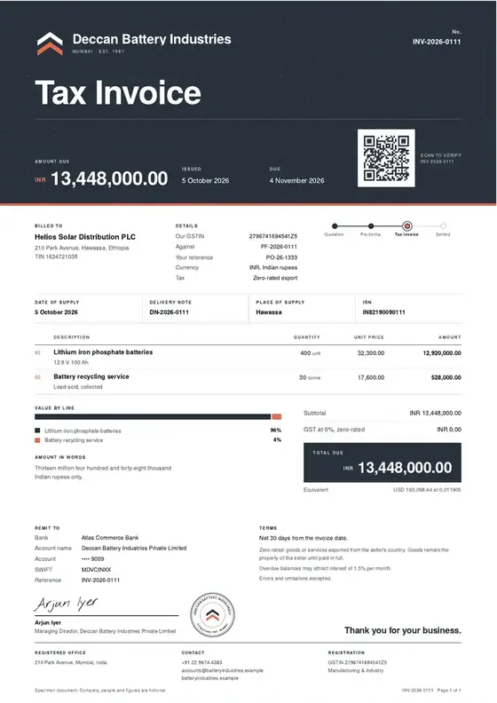 Invoices, Battery assembly and recycling: finished specimen shown whole