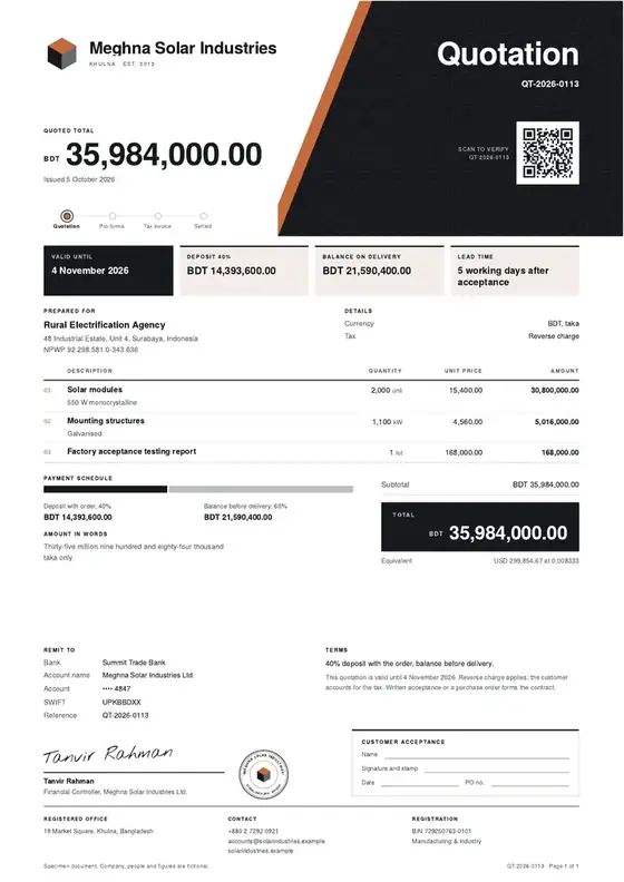 Invoices, Solar panel assembly: finished specimen shown whole
