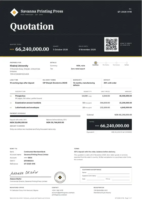 Specimen on a fictional company, shown whole
