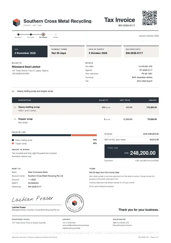 Invoices, Recycling: scrap metal: finished specimen shown whole