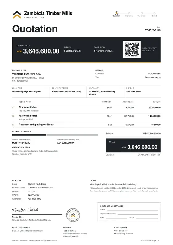 Invoices, Timber sawmill: finished specimen shown whole
