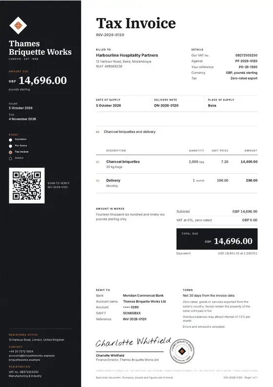 Invoices, Charcoal briquette production: finished specimen shown whole
