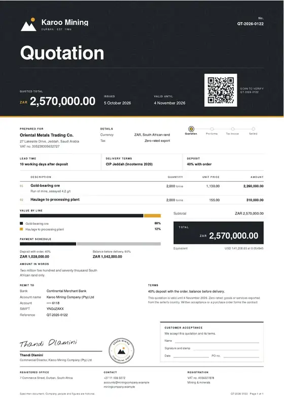 Invoices, Small-scale mining operation: finished specimen shown whole