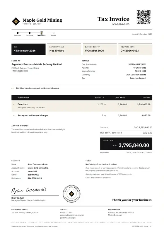 Invoices, Gold mining: finished specimen shown whole