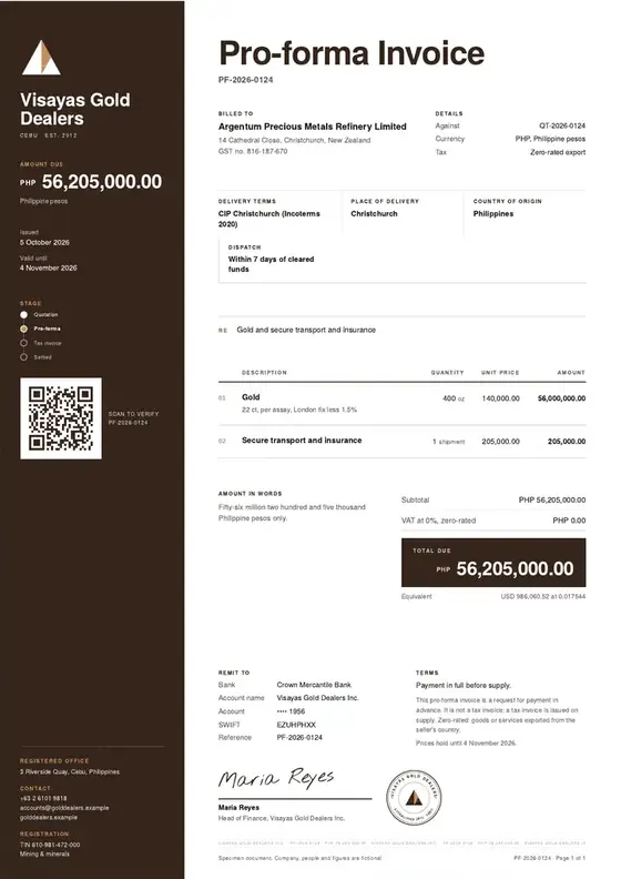 Invoices, Mineral dealer: gold: finished specimen shown whole