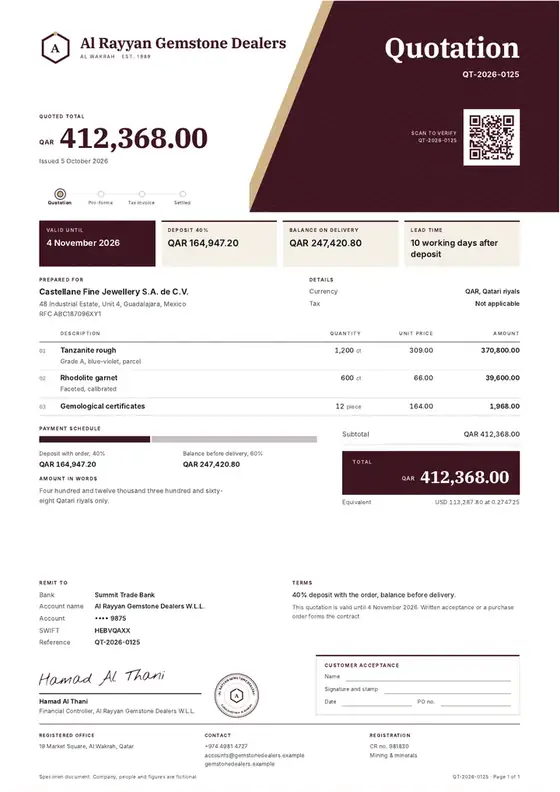 Invoices, Mineral dealer: gemstones: finished specimen shown whole