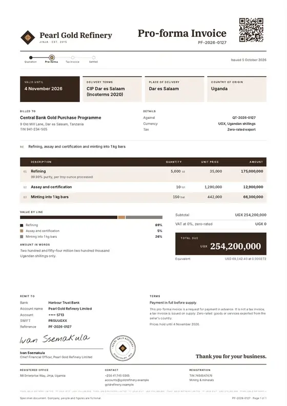 Invoices, Gold refinery: finished specimen shown whole