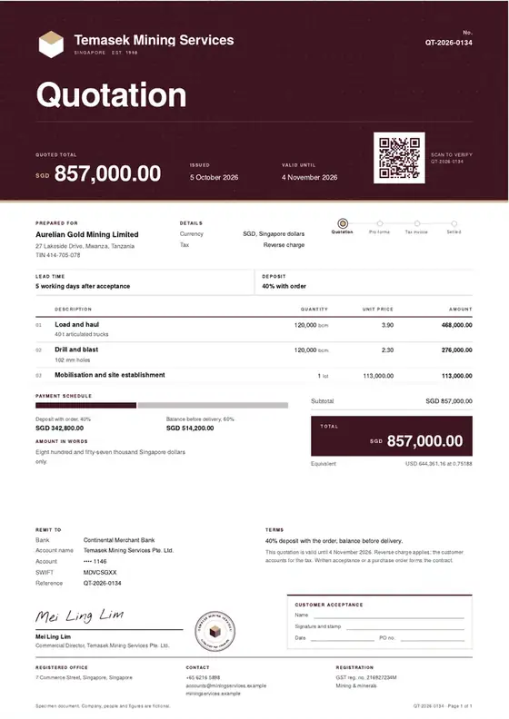 Invoices, Mining services contractor: finished specimen shown whole