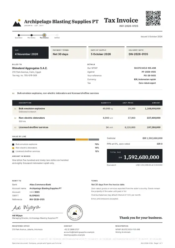Invoices, Explosives supply for mining: finished specimen shown whole