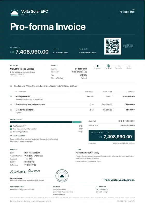 Invoices, Solar EPC contractor: finished specimen shown whole