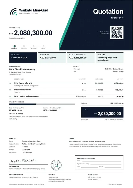 Invoices, Mini-grid developer: finished specimen shown whole