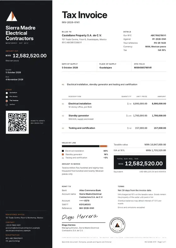 Invoices, Electrical installation contractor: finished specimen shown whole