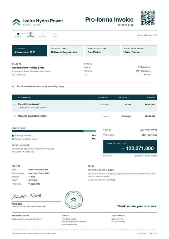 Invoices, Small power producer (hydro or biomass): finished specimen shown whole