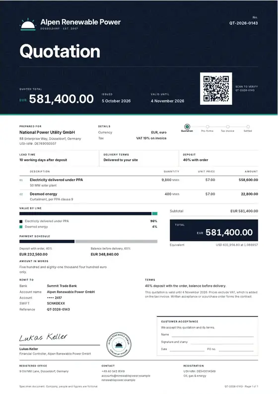 Invoices, Wind or solar IPP: finished specimen shown whole