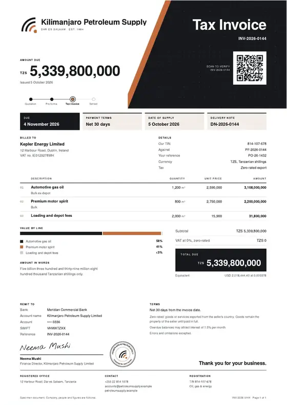 Invoices, Petroleum products import and wholesale: finished specimen shown whole