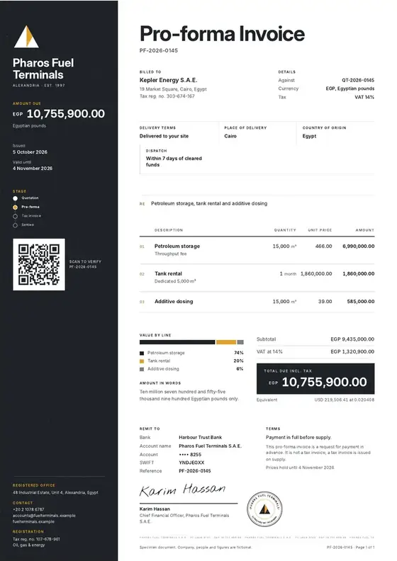 Invoices, Petroleum depot and storage: finished specimen shown whole