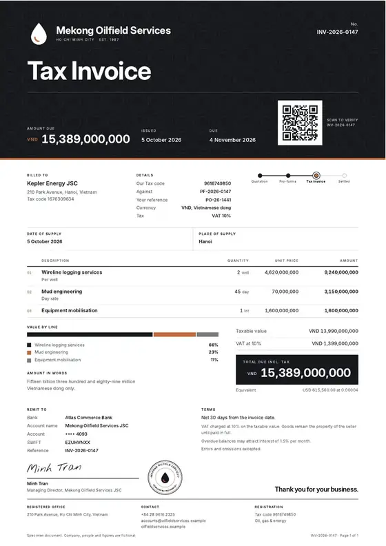 Invoices, Oil and gas upstream services: finished specimen shown whole