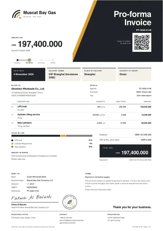 Invoices, LPG import and bottling plant: finished specimen shown whole