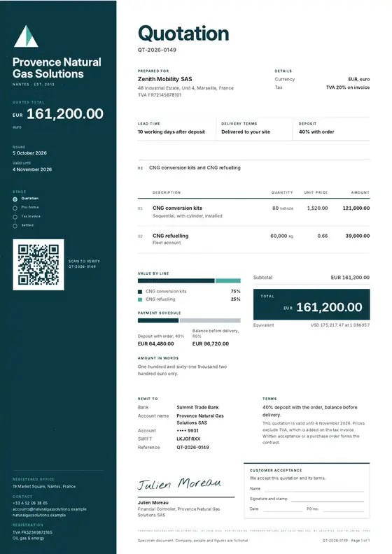 Invoices, CNG conversion and refuelling: finished specimen shown whole