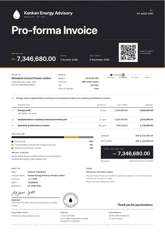 Invoices, Energy efficiency consultancy: finished specimen shown whole