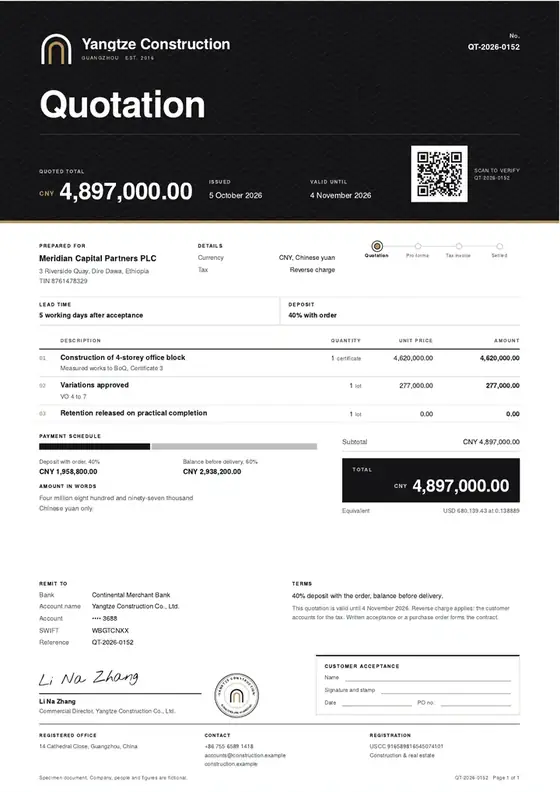 Invoices, Building contractor (civil works): finished specimen shown whole