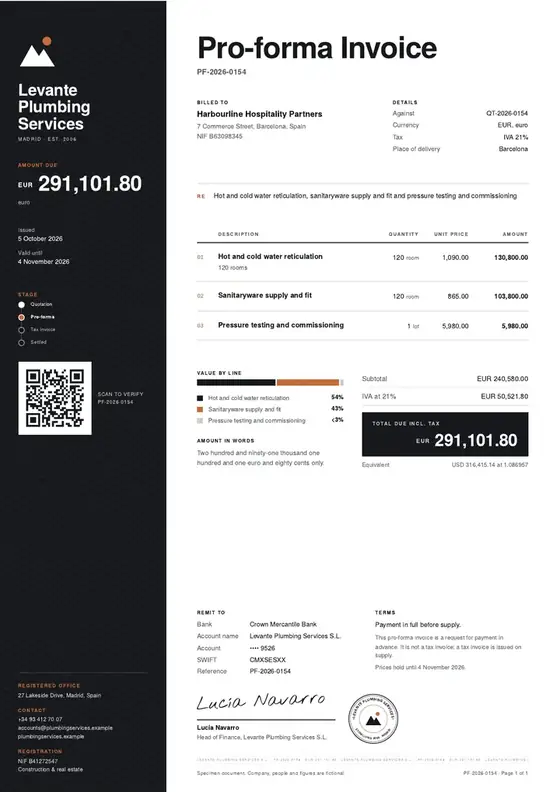 Invoices, Specialist contractor: plumbing: finished specimen shown whole