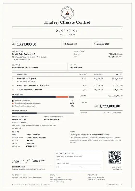 Invoices, Specialist contractor: HVAC and refrigeration: finished specimen shown whole