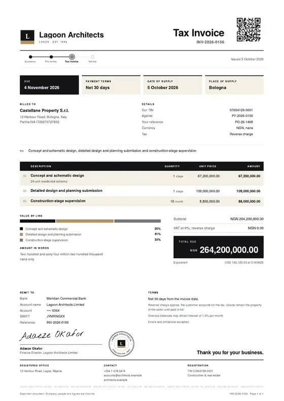 Invoices, Architectural practice: finished specimen shown whole