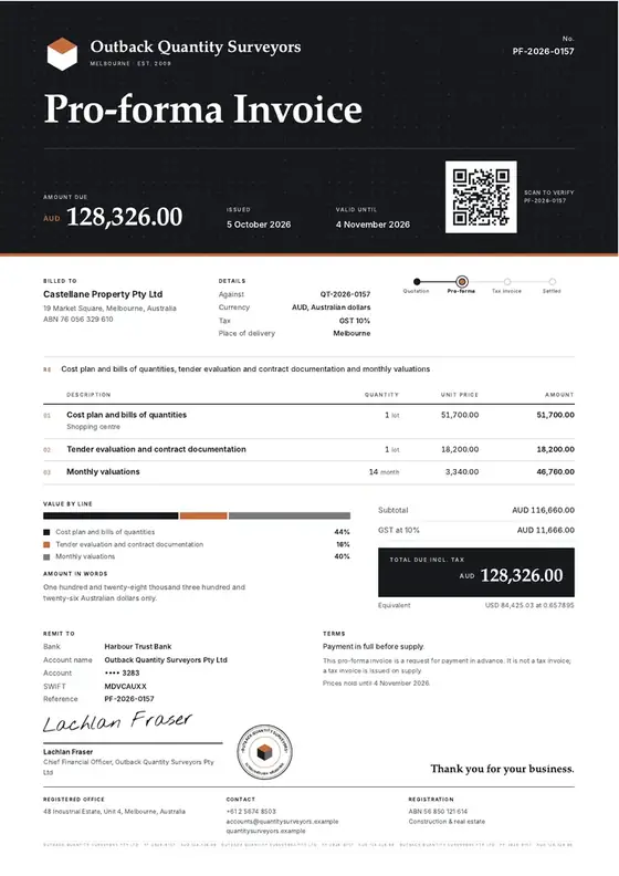 Invoices, Quantity surveying firm: finished specimen shown whole