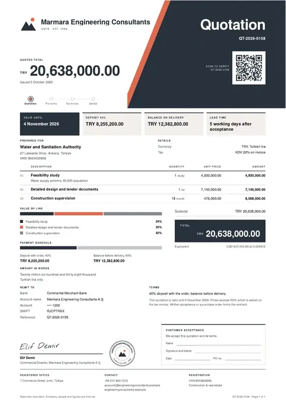 Invoices, Engineering consultancy: finished specimen shown whole