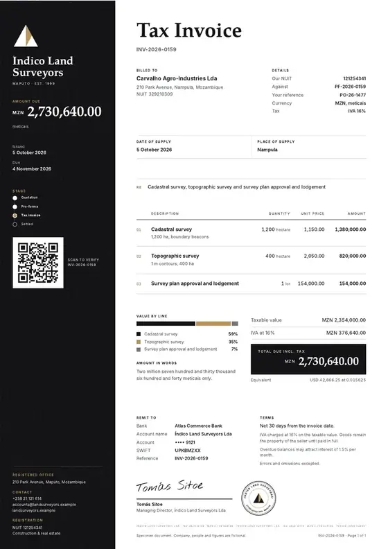Invoices, Land surveying firm: finished specimen shown whole
