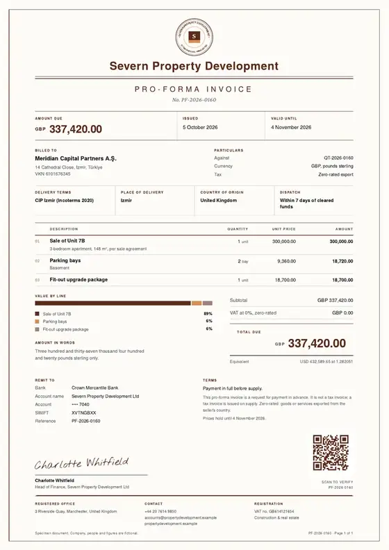 Invoices, Real estate development: finished specimen shown whole