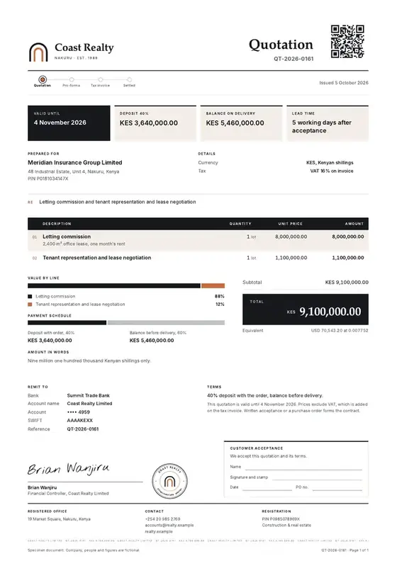 Invoices, Real estate agency and brokerage: finished specimen shown whole
