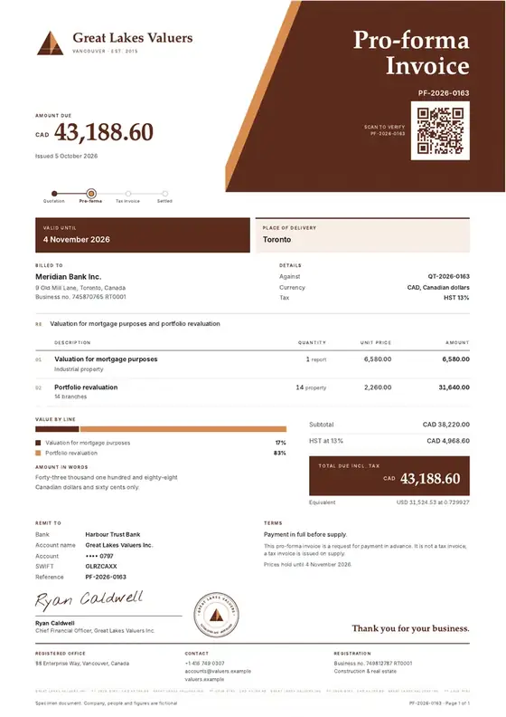 Invoices, Valuation services: finished specimen shown whole
