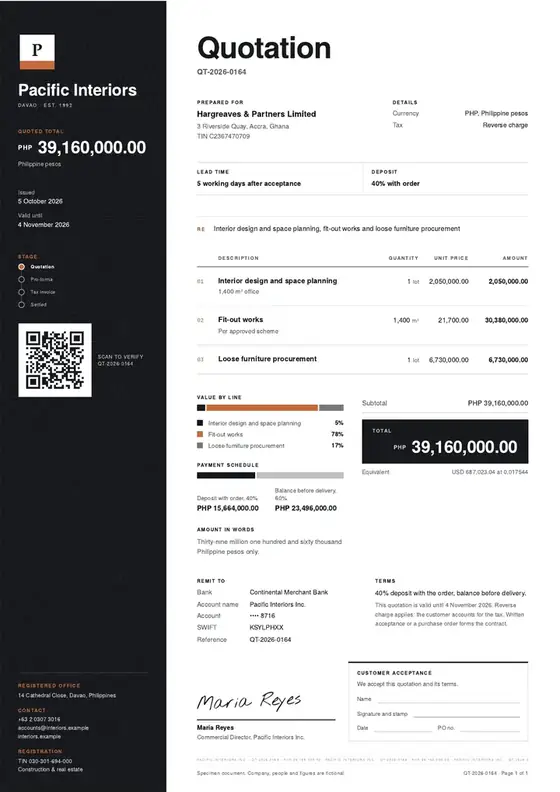 Invoices, Interior design and fit-out: finished specimen shown whole
