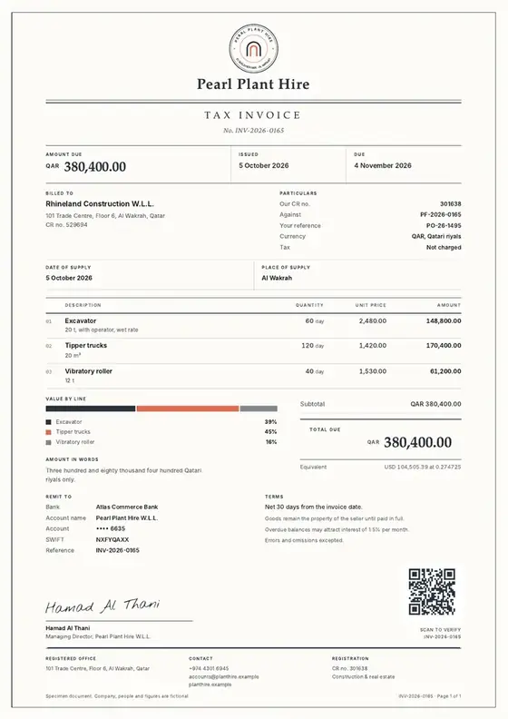 Invoices, Equipment hire: construction plant: finished specimen shown whole