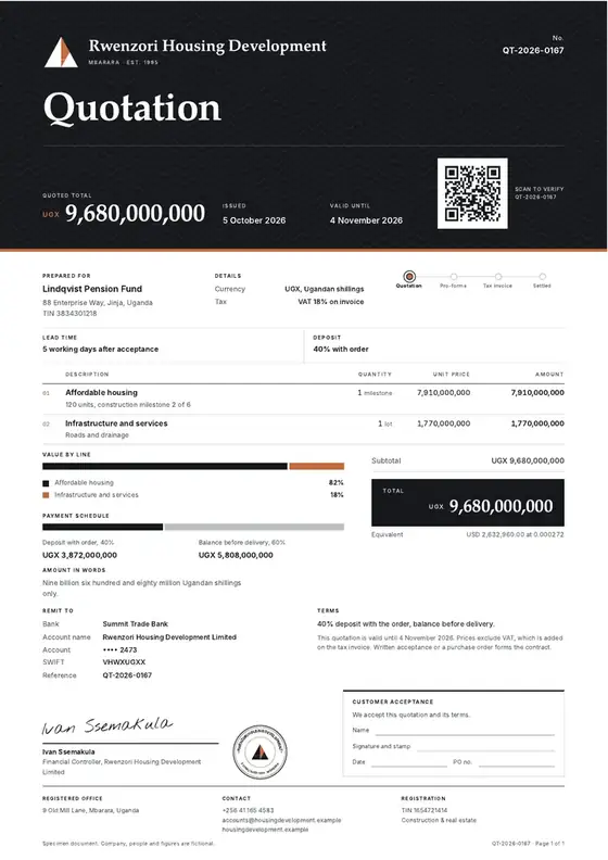 Invoices, Affordable housing project: finished specimen shown whole