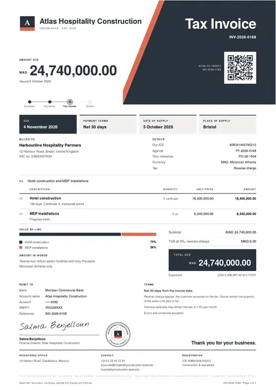 Invoices, Hotel construction project: finished specimen shown whole