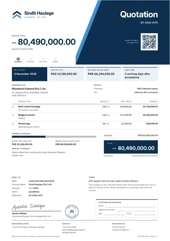 Invoices, Freight trucking and haulage: finished specimen shown whole