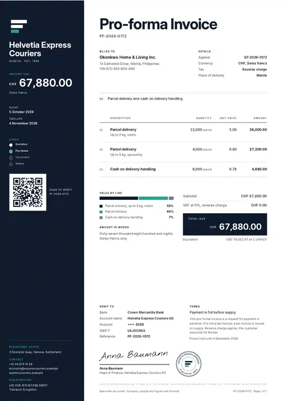 Invoices, Courier and parcel delivery: finished specimen shown whole
