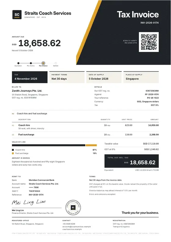 Invoices, Bus transport operator: finished specimen shown whole