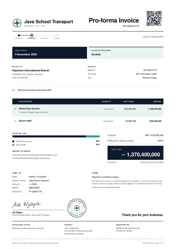 Invoices, School bus services: finished specimen shown whole