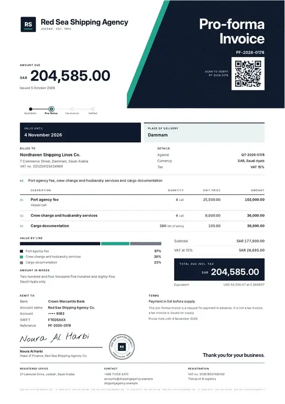 Invoices, Shipping agency: finished specimen shown whole