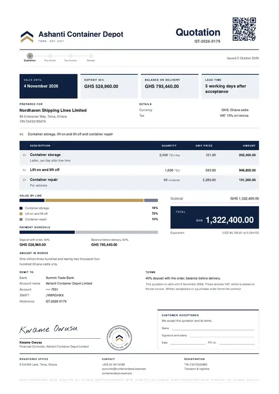 Invoices, Inland container depot: finished specimen shown whole