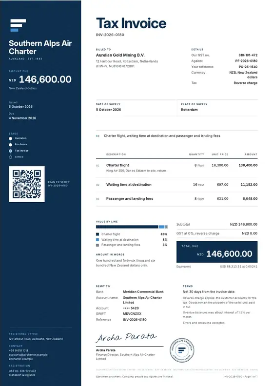 Invoices, Air charter operator: finished specimen shown whole